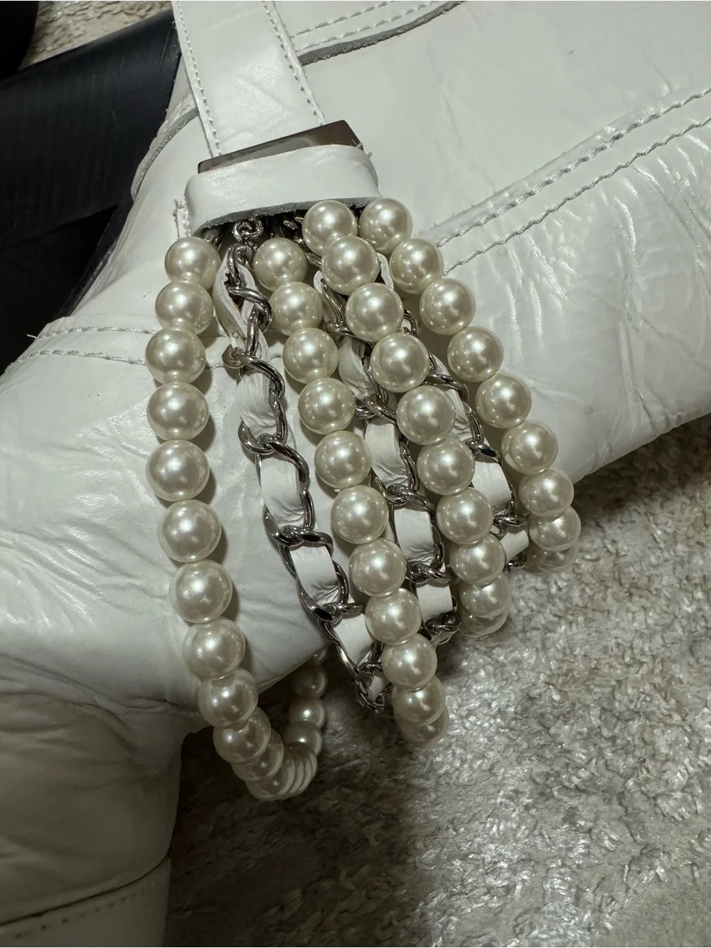 Chanel White Calfskin Pearl Chain CC Short Boots Size 39 or US 8.5